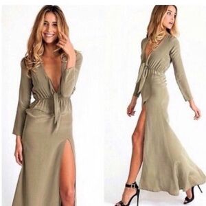 Stone Cold Fox Olive Long Sleeve Maxi Dress with Front Tie and High Slit